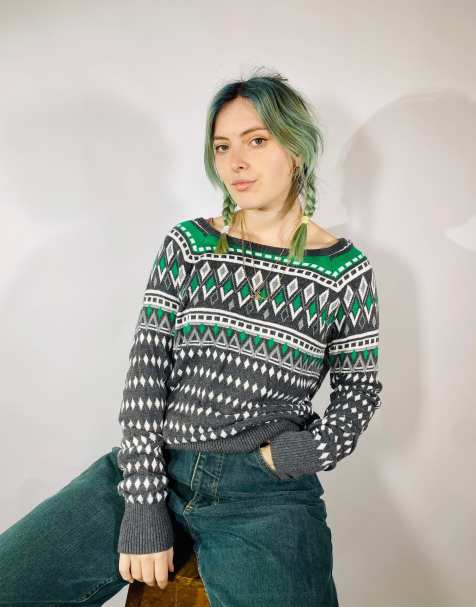 Vintage size l knitted patterned jumper in multi - view 1