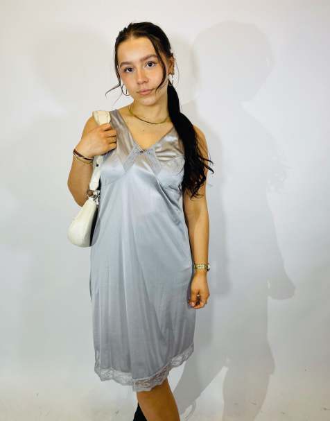 Vintage size l lace negligee slip dress in silver - view 1