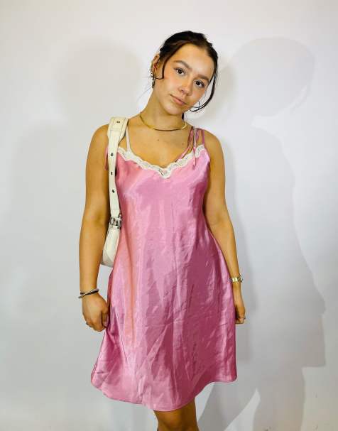 Vintage size l lace satin slip dress in pink in pink - view 1