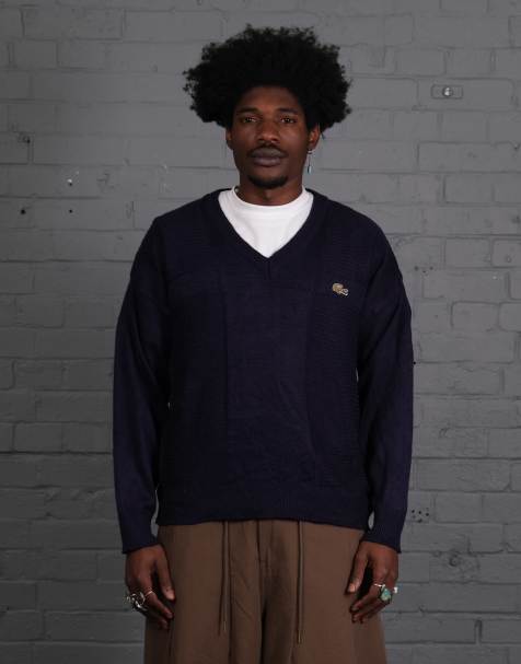 Vintage Size L Lacoste Knitted V-Neck Jumper in Navy - view 1