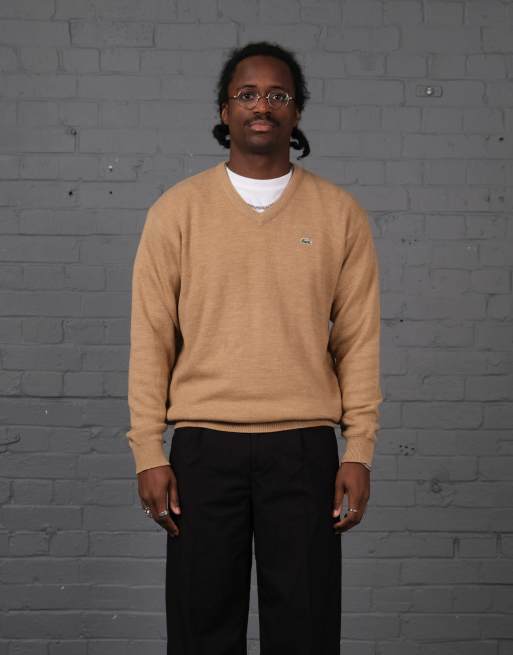 Vintage Size L Lacoste Knitted V-Neck Jumper in Tan