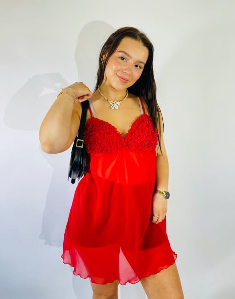 Vintage Size L Mesh Sheer Mini Slip Dress in Red - view 1