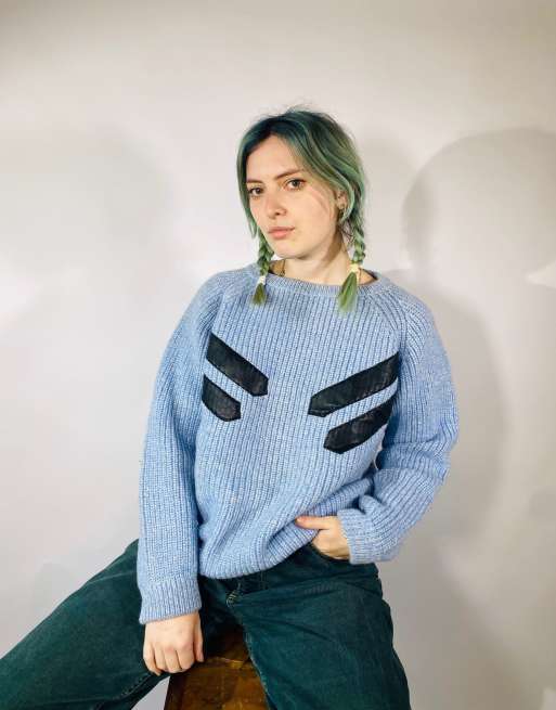 Vintage size l patch detail chunky knit jumper in blue 