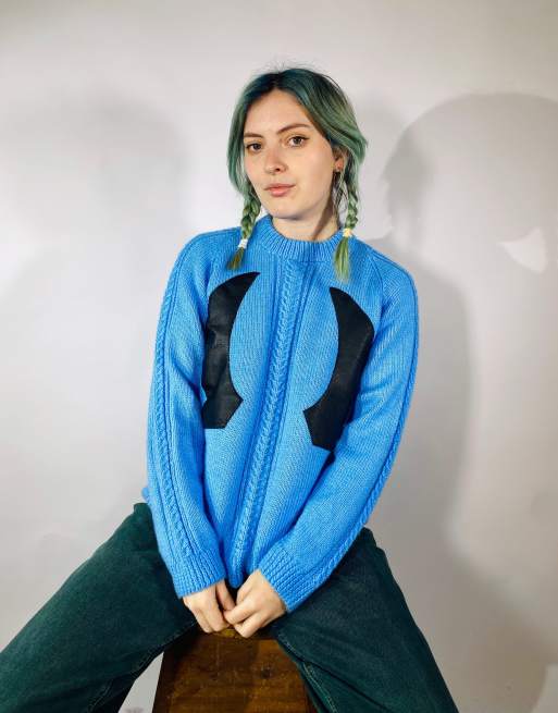 Vintage size l patch detail chunky knit jumper in blue 