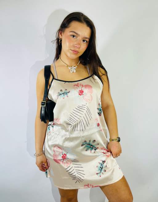 Vintage Size L Satin Floral Mini Slip Dress in Multi