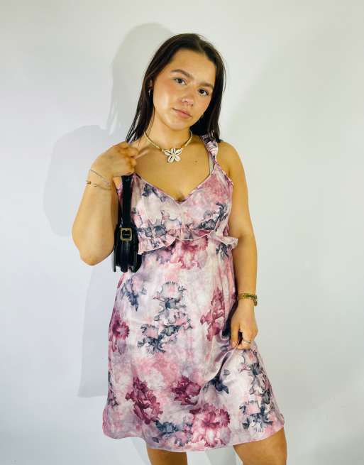 Vintage Size L Satin Floral Mini Slip Dress in Multi