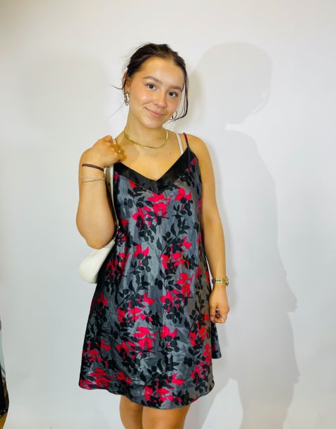 Vintage size l satin floral slip dress in multi - view 1