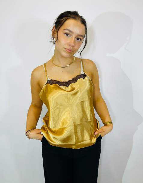Vintage size l satin lace cami top in gold - view 1