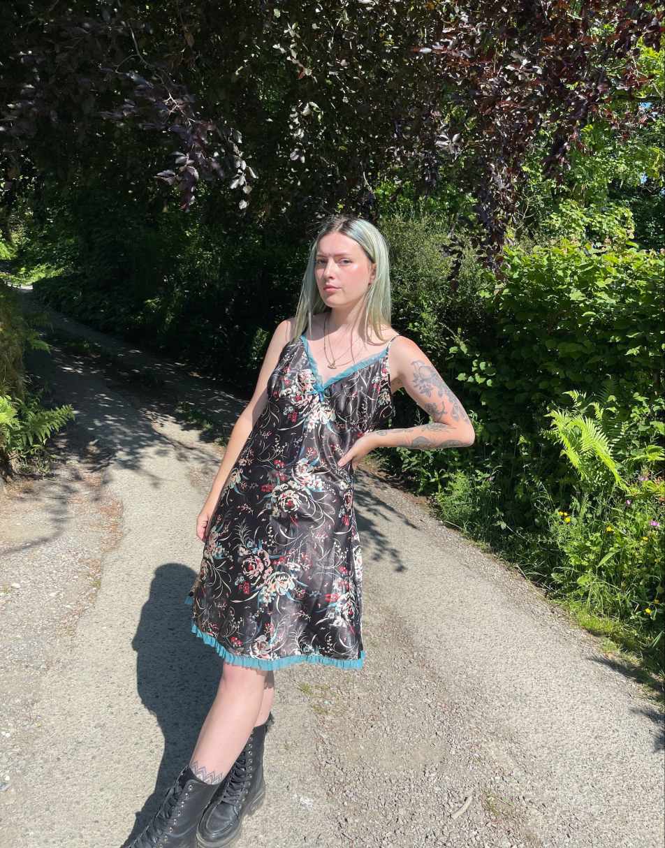 Vintage Size L satin lace floral maxi slip dress in multi