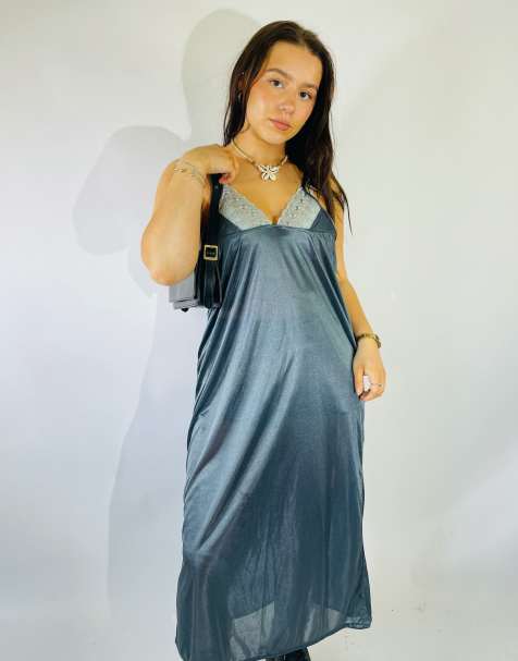 Vintage Size L Satin Lace Maxi Slip Dress in Silver - view 1