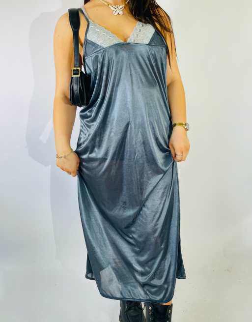 Vintage Size L Satin Lace Maxi Slip Dress in Silver, 3 of 4
