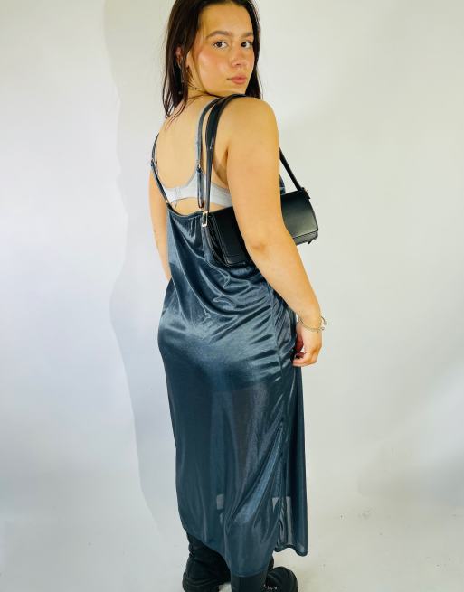 Vintage Size L Satin Lace Maxi Slip Dress in Silver, 4 of 4