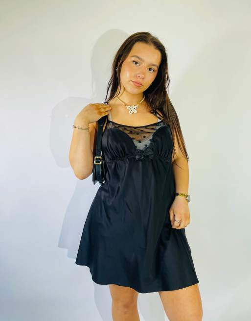 Vintage Size L Satin Lace Mini Slip Dress in Black