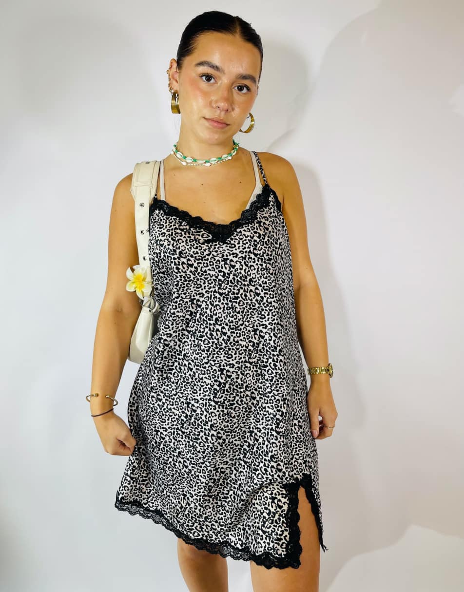 Vintage Size L Satin Leopard Print Slip Dress in Multi