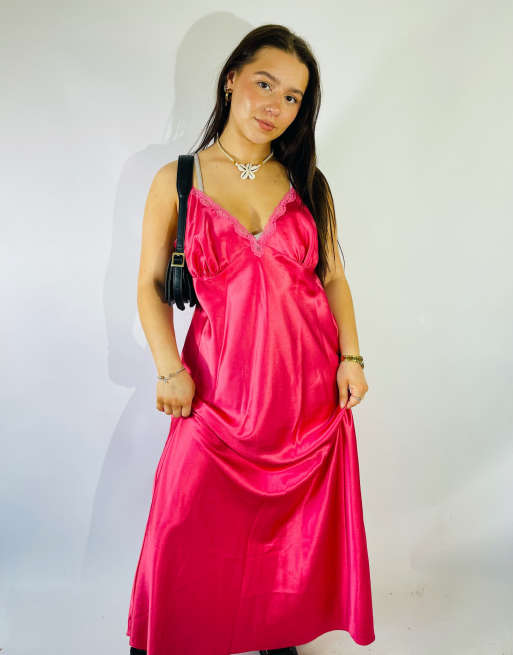 Vintage Size L Satin Maxi Slip Dress in Pink