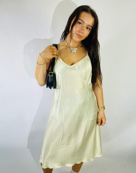 Vintage Size L Satin Midi Slip Dress in Cream - view 1