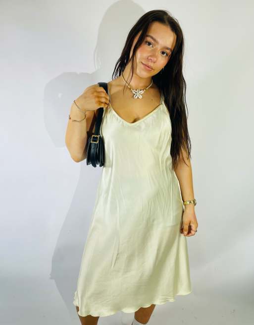 Vintage Size L Satin Midi Slip Dress in Cream