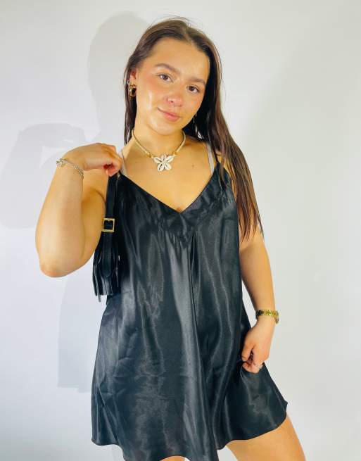 Vintage Size L Satin Mini Slip Dress in Black