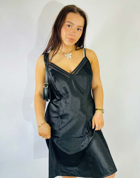 Vintage Size L Satin Mini Slip Dress in Black - view 1