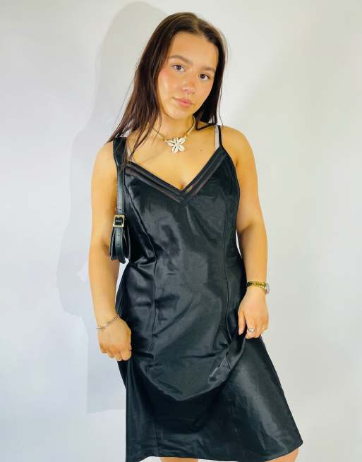 Vintage Size L Satin Mini Slip Dress in Black