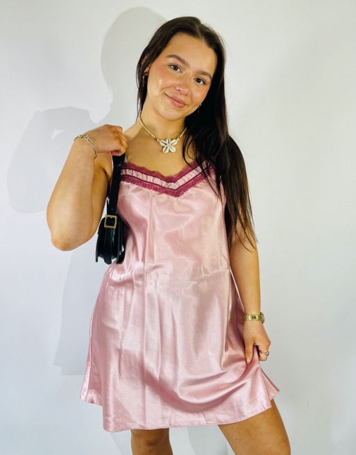 Vintage Size L Satin Mini Slip Dress in Pink