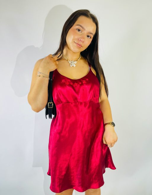 Vintage Size L Satin Mini Slip Dress in Red