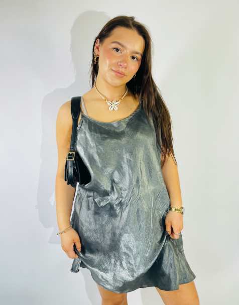 Vintage Size L Satin Mini Slip Dress in Silver - view 1