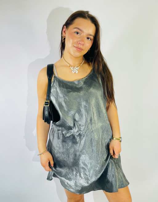 Vintage Size L Satin Mini Slip Dress in Silver