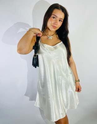 Vintage Size L Satin Mini Slip Dress in White