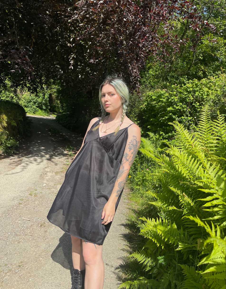 Vintage Size L satin sheer mini slip dress in black