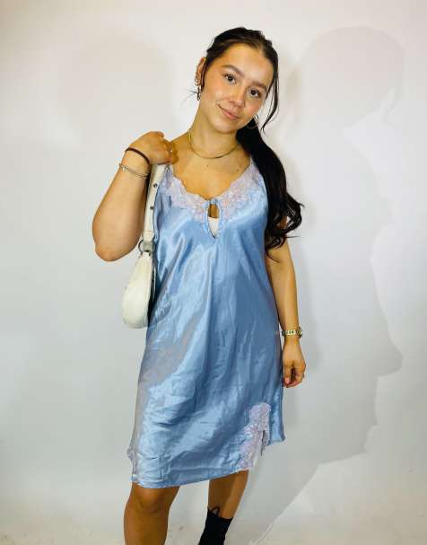 Vintage size l satin slip dress in blue in blue - view 1