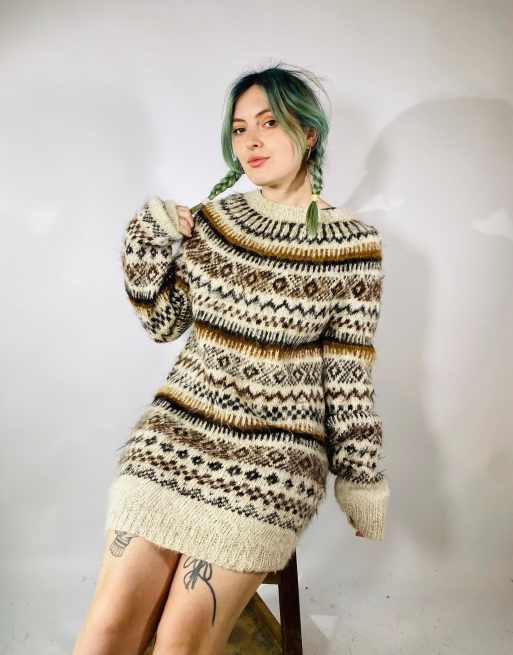 Vintage size l wool knitted nordic jumper dress in multi 
