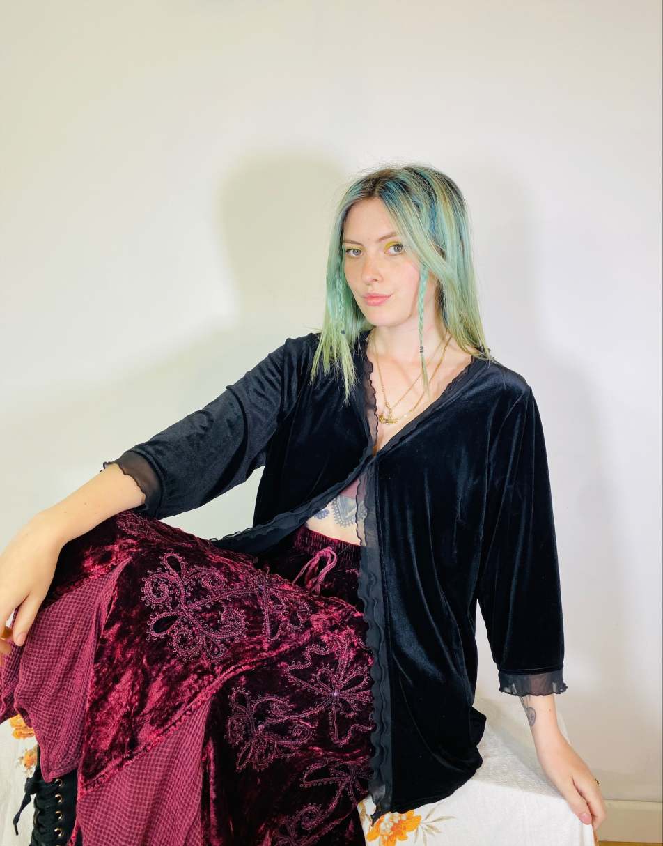 Vintage Size L Y2K fairycore velvet mesh cardigan top in black