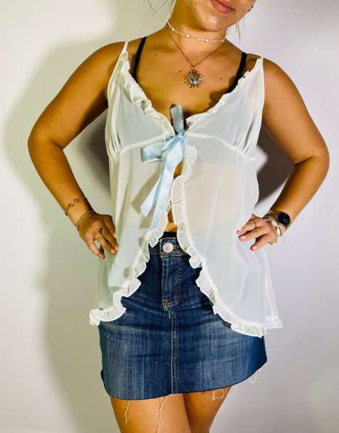 Vintage Size L Y2K Frill Cami Top In White - view 1