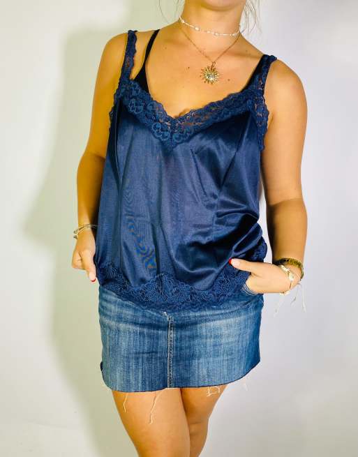 Vintage Size L Y2K Lace Cami Top In Blue