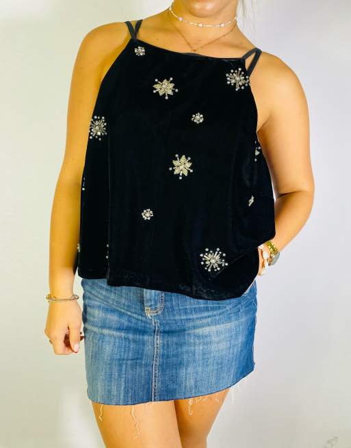 Vintage Size L Y2K Velvet Embellished Top In Black