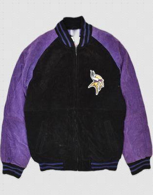 Vintage Size M 90s NFL vikings colourblock suede varsity jacket in black