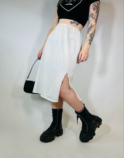 Vintage Size M 90s satin lace detail midi slip skirt in white