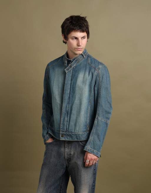 Vintage size M Burberry denim biker jacket in mid blue, 1 of 7