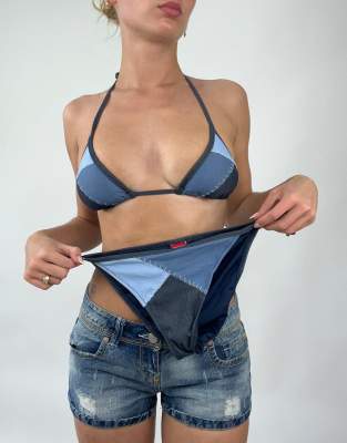 Vintage Size M denim patchwork bikini in blue