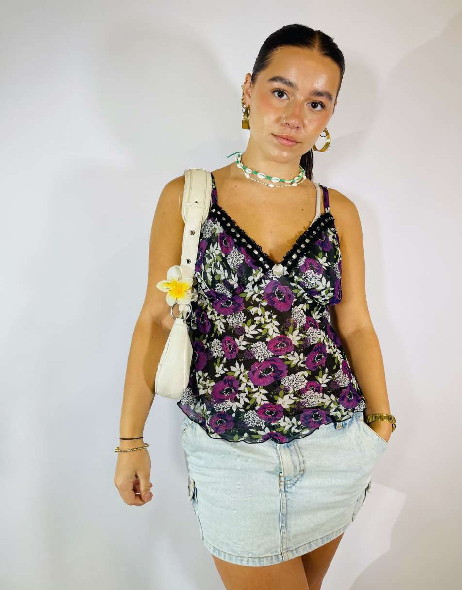 Vintage Size M Floral Mesh Cami Top in Multi