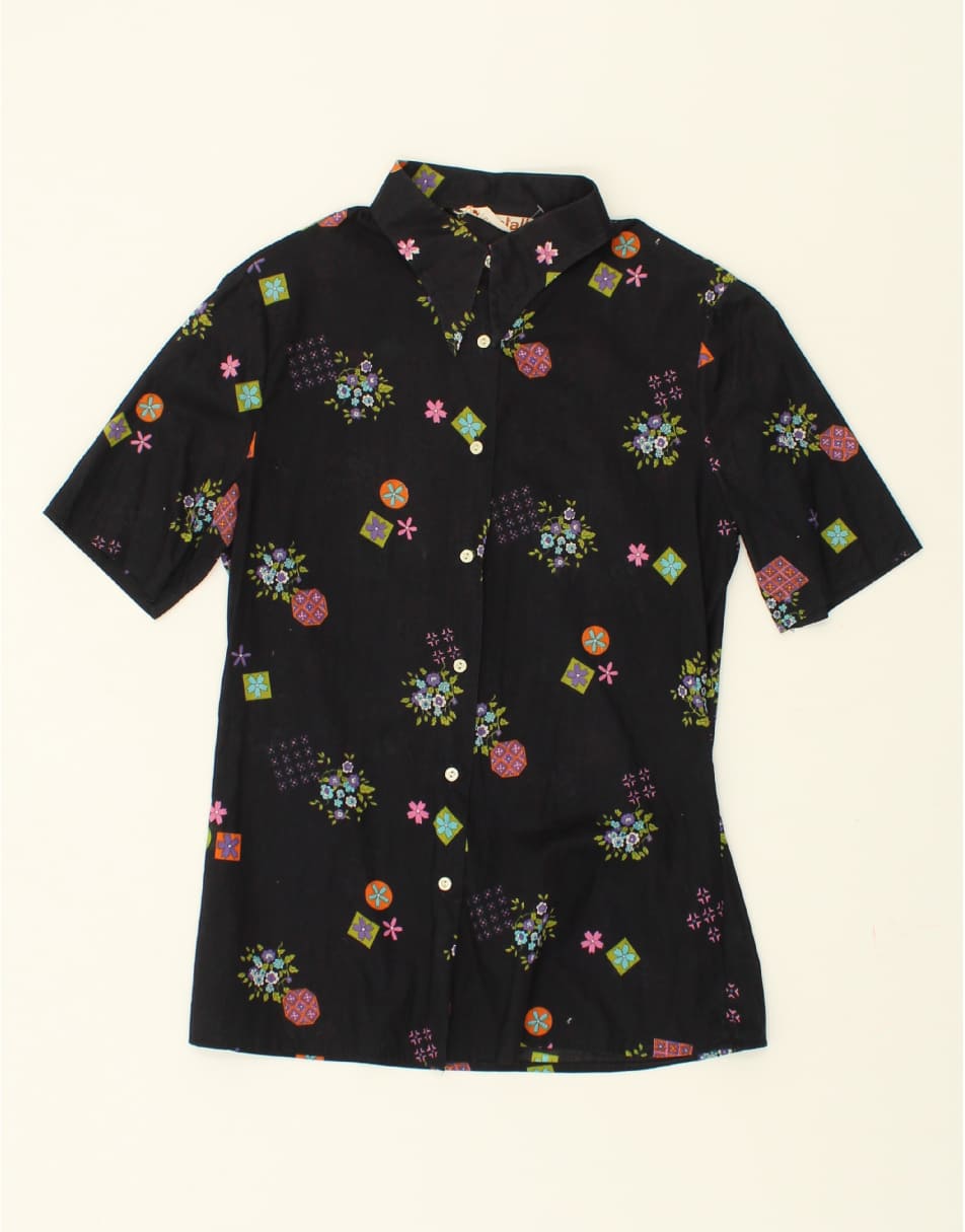 Vintage Size M Geometric Short Sleeve Shirt Blouse in Black