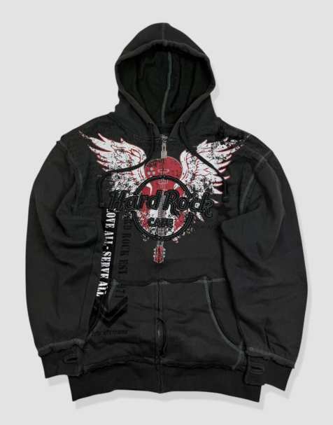 Vintage size M Hard Rock Café embroidered grunge full-zip hoodie in black - view 1