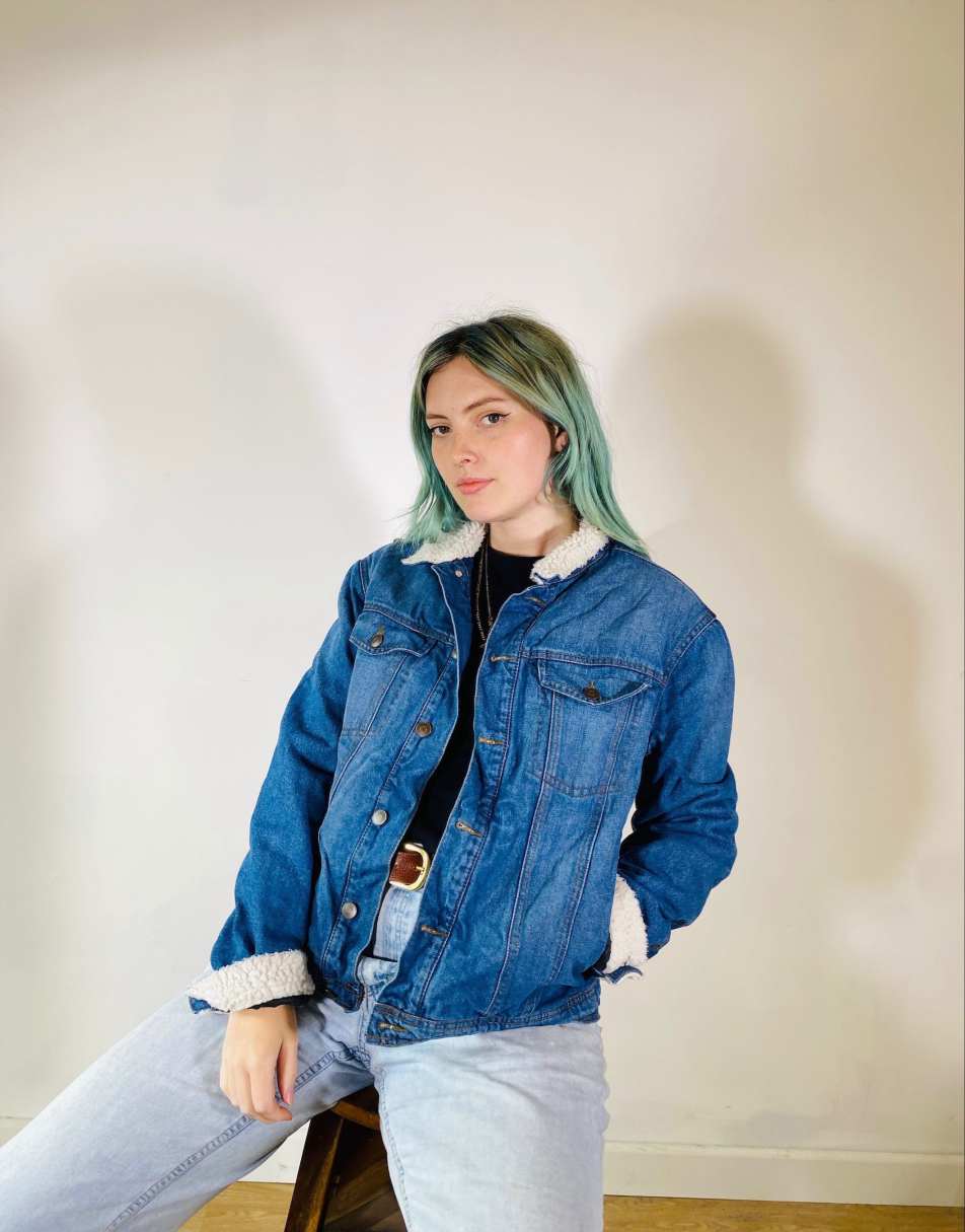Vintage Size M Industrial Shearling Lined Denim Jacket in Blue