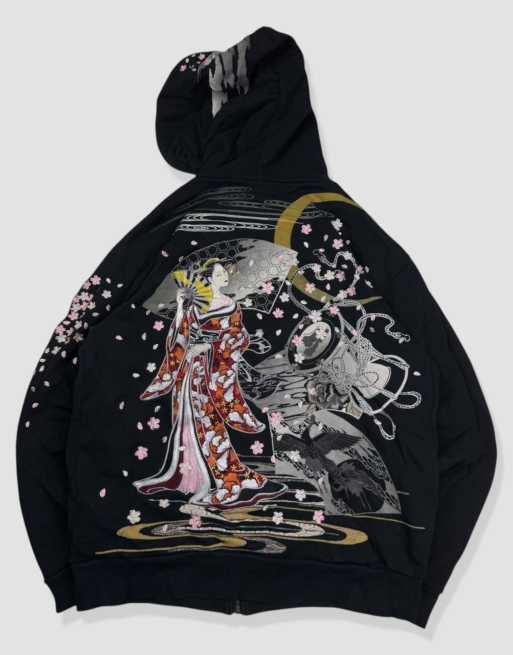 Vintage size M Japanese embroidered pattern full-zip hoodie in black