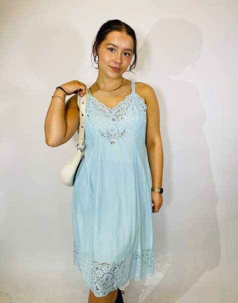 Vintage size m lace midi slip dress in blue in blue - view 1