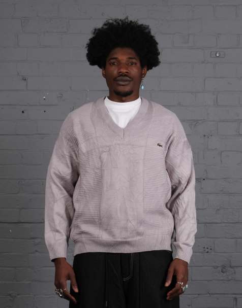 Vintage Size M Lacoste Knitted V-Neck Jumper in Silver - view 1