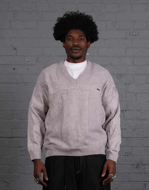 Vintage Size M Lacoste Knitted V-Neck Jumper in Silver