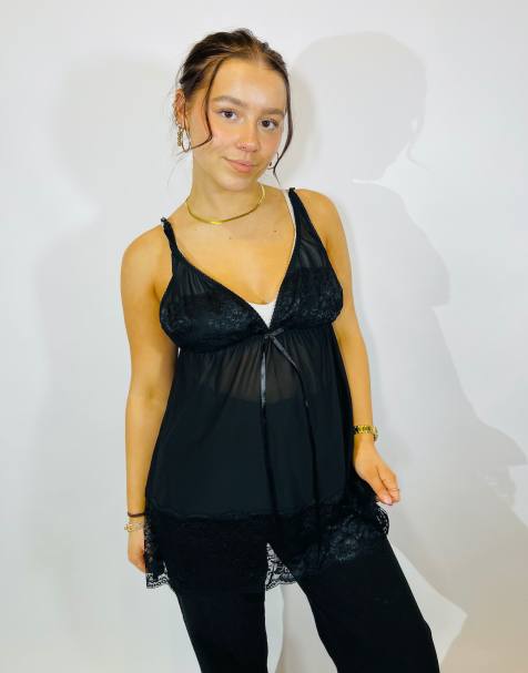 Vintage size m mesh lace babydoll top in black in black - view 1