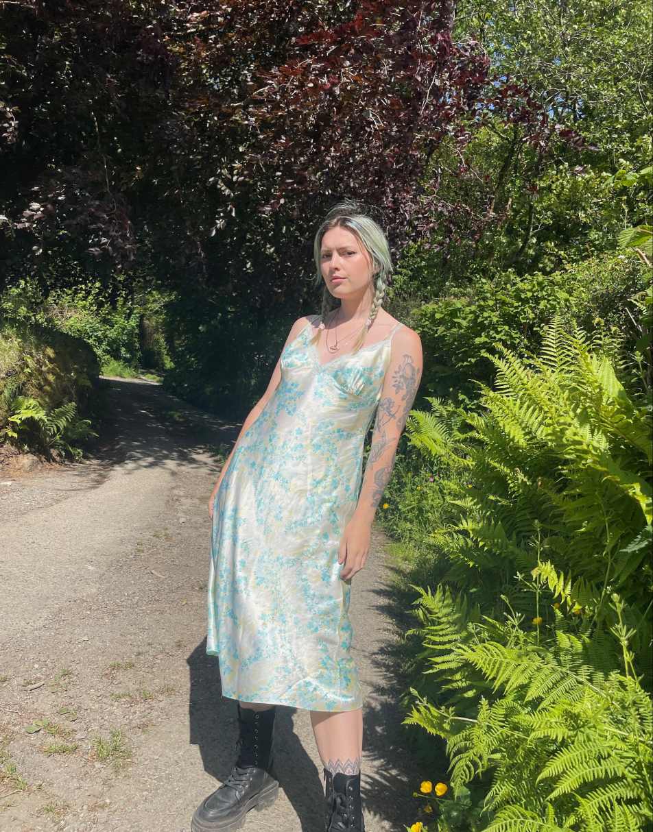 Vintage Size M satin floral midi slip dress in multi
